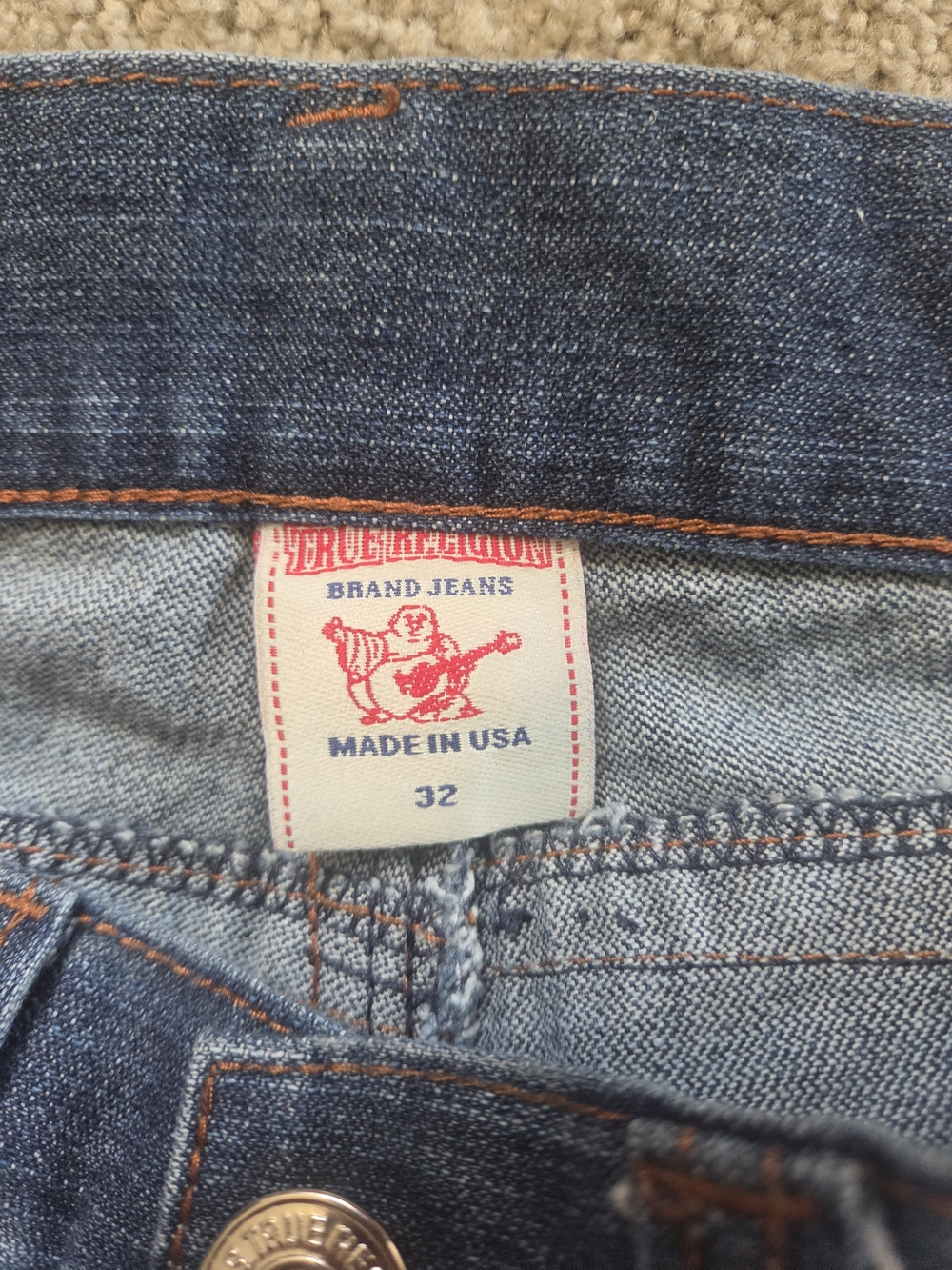 True Religion Men's Blue Denim Jeans with Orange Stitching